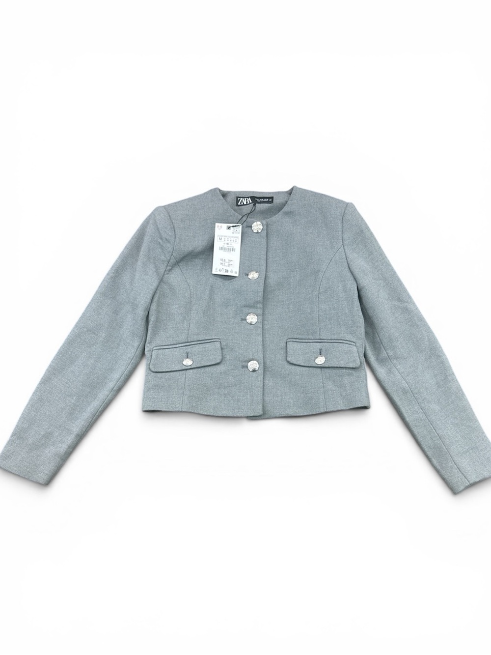 Zara Light Gray Cropped Round-Neck Button Blazer - Picture 1 of 8
